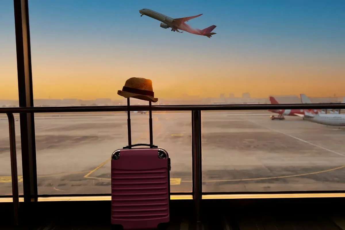 Maleta de viaje frente a la pista de un aeropuerto con un avión despegando al atardecer